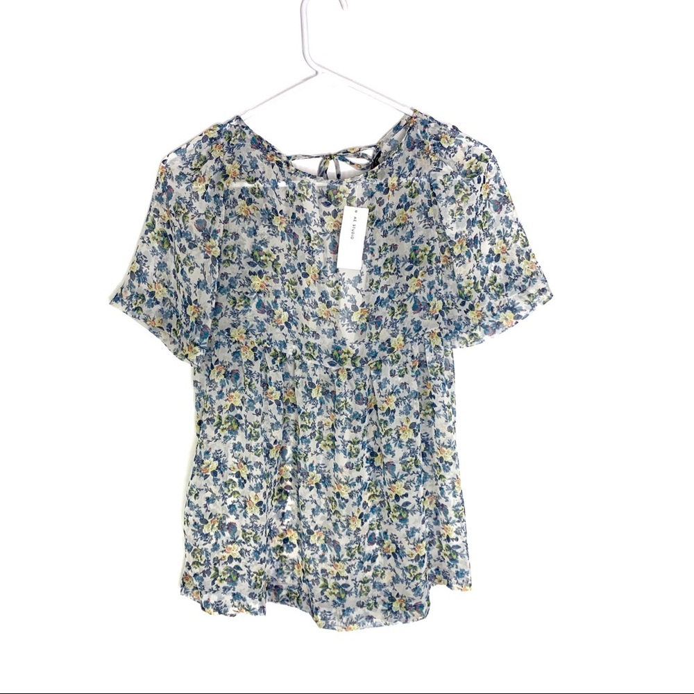 AE Studio XS Floral Blouse Blue Yellow NWT